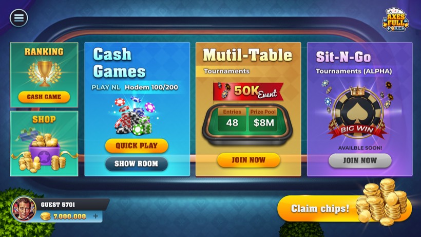 AXE Poker casino lobby UI
